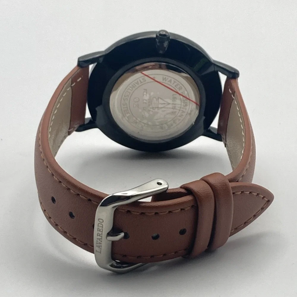 Lavaredo Men's Watch 40mm Black Blue Dial Date Brown Leather 30M New Battery 9